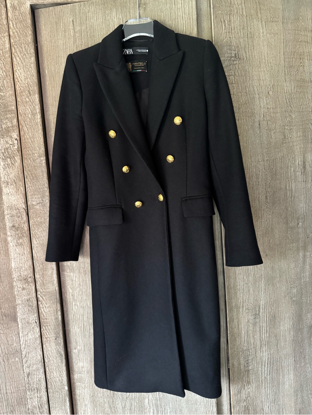 Zara Black Double-Breasted Long Coat with Gold Buttons
